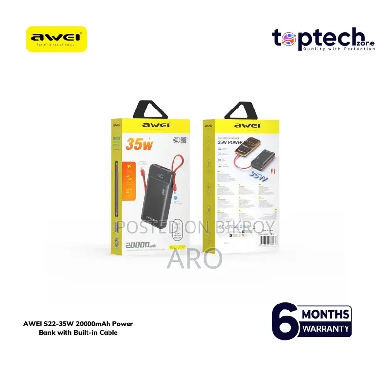 AWEI S22-35w 20000mAh Power Bank With Built-in Cable