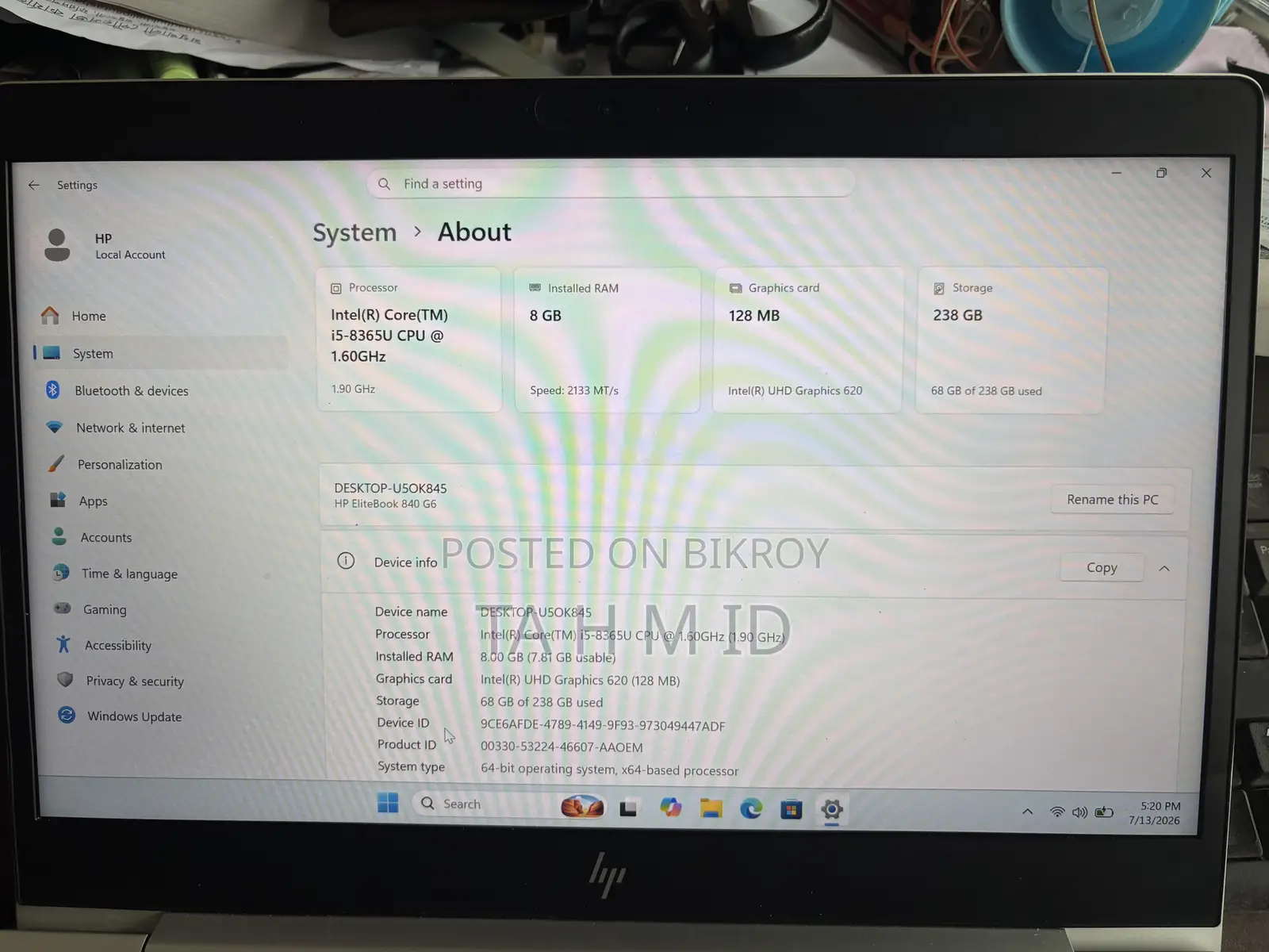 Laptop HP EliteBook 840 G6 8GB Intel Core I5 SSD 256GB