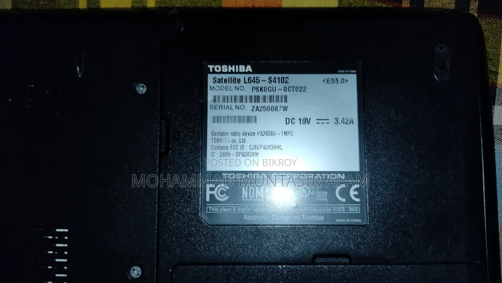 Laptop Toshiba 6GB Intel Pentium HDD 640GB