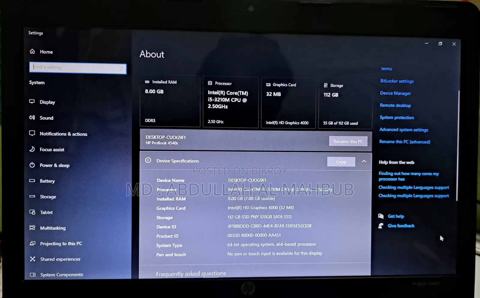 Laptop HP ProBook 4540S 8GB Intel Core I5 HDD+SSD 128GB