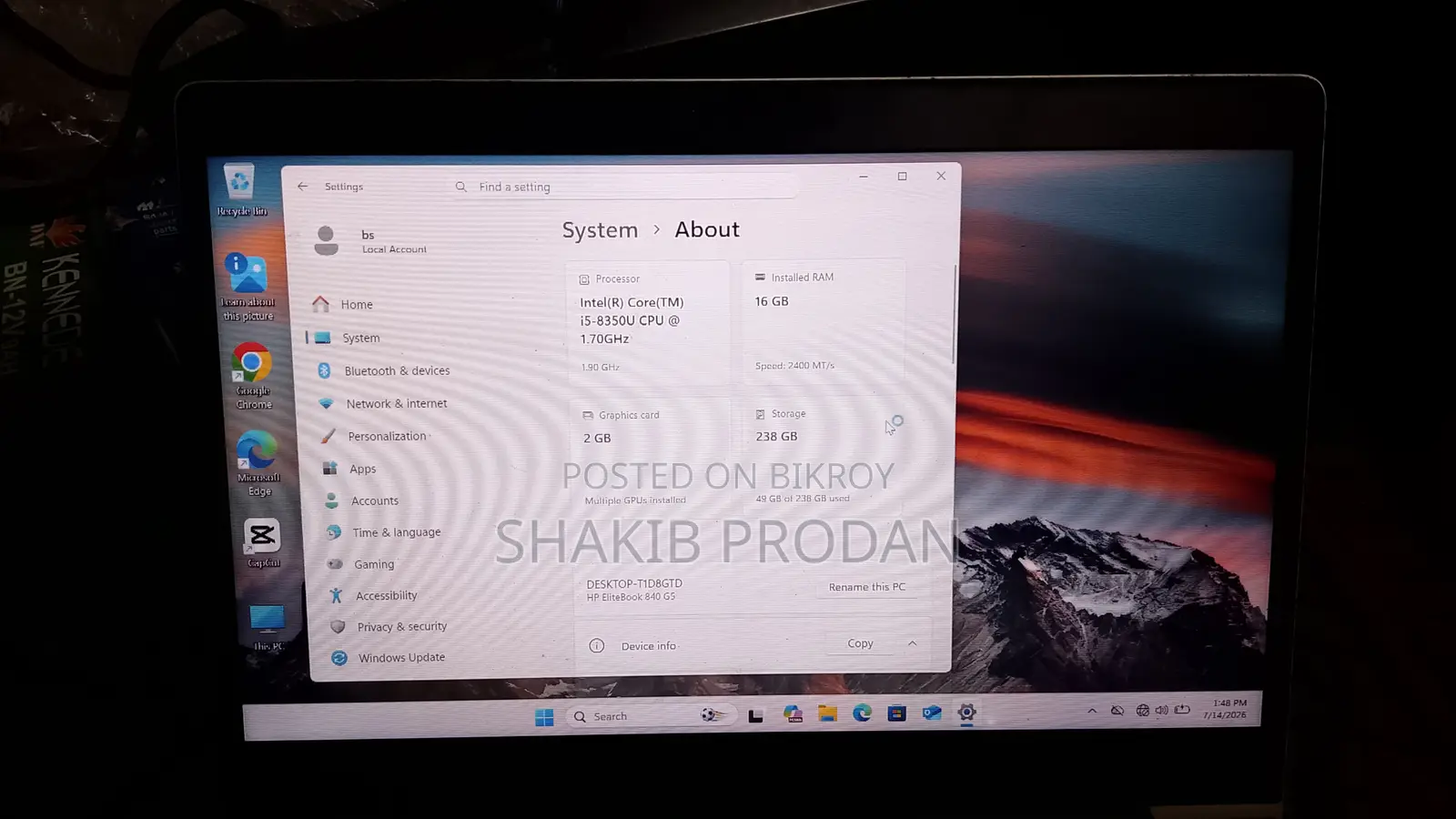 Laptop HP EliteBook 840 G5 16GB Intel Core i5 SSD 256 GB