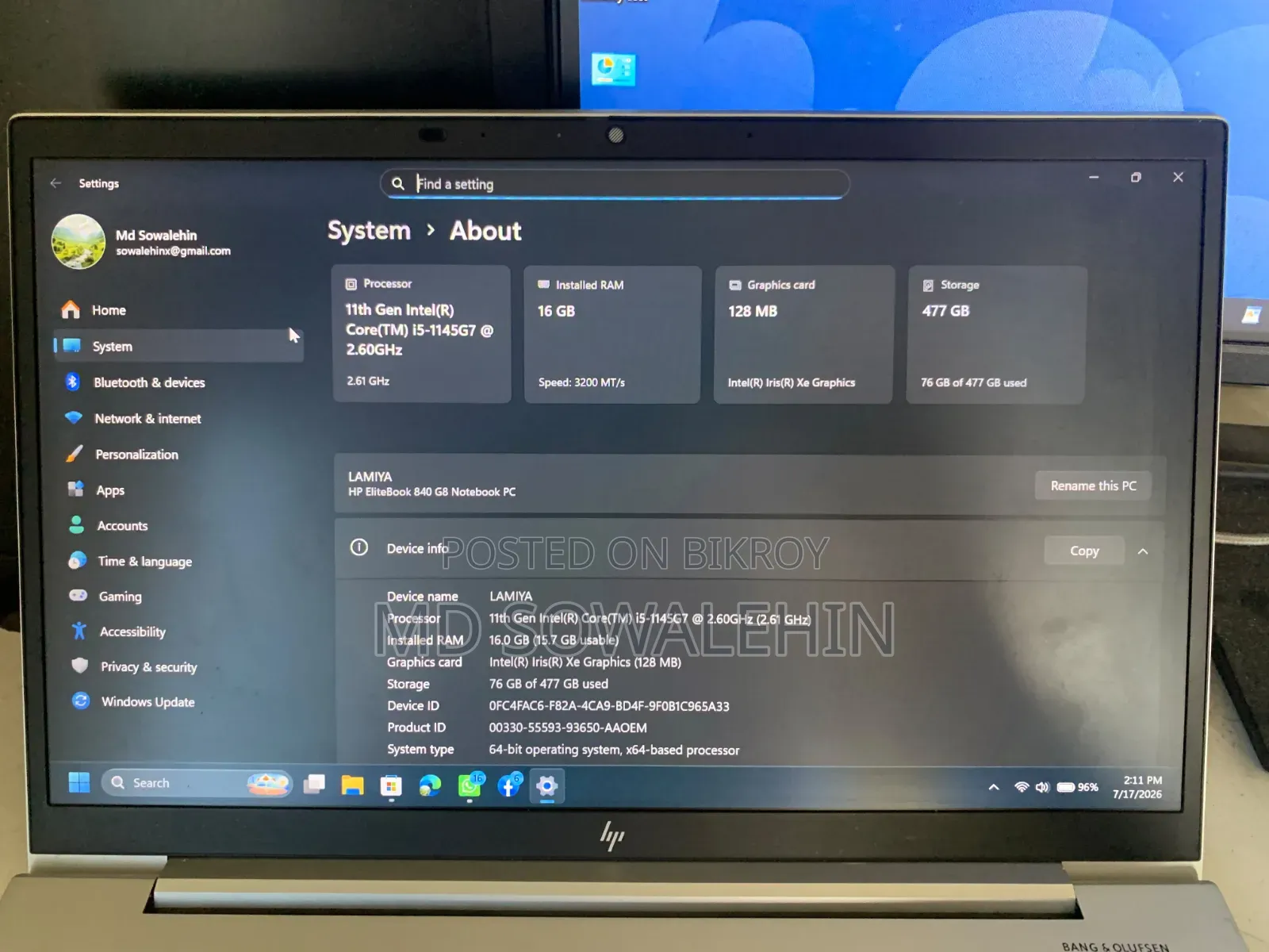 Laptop HP EliteBook 840 G8 16GB Intel Core i5 SSD 512GB