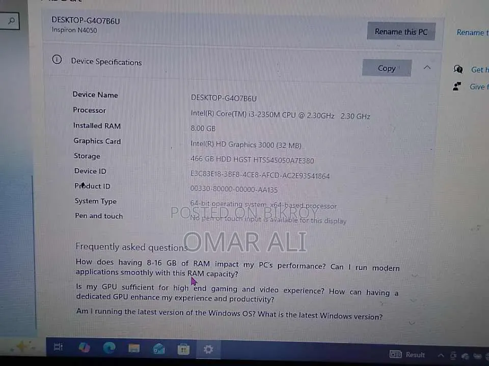 Laptop Dell 8GB Intel Core I3 HDD 500GB