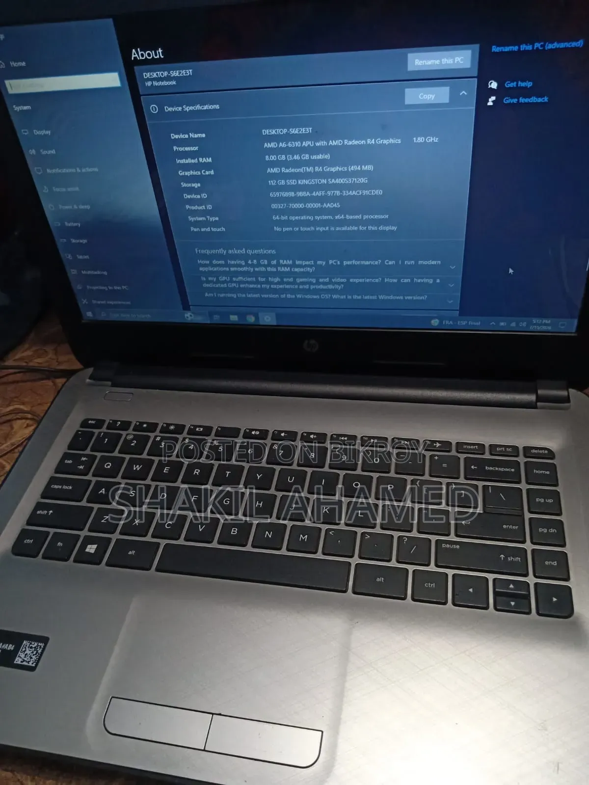 Laptop HP 8GB RAM 128GB HDD