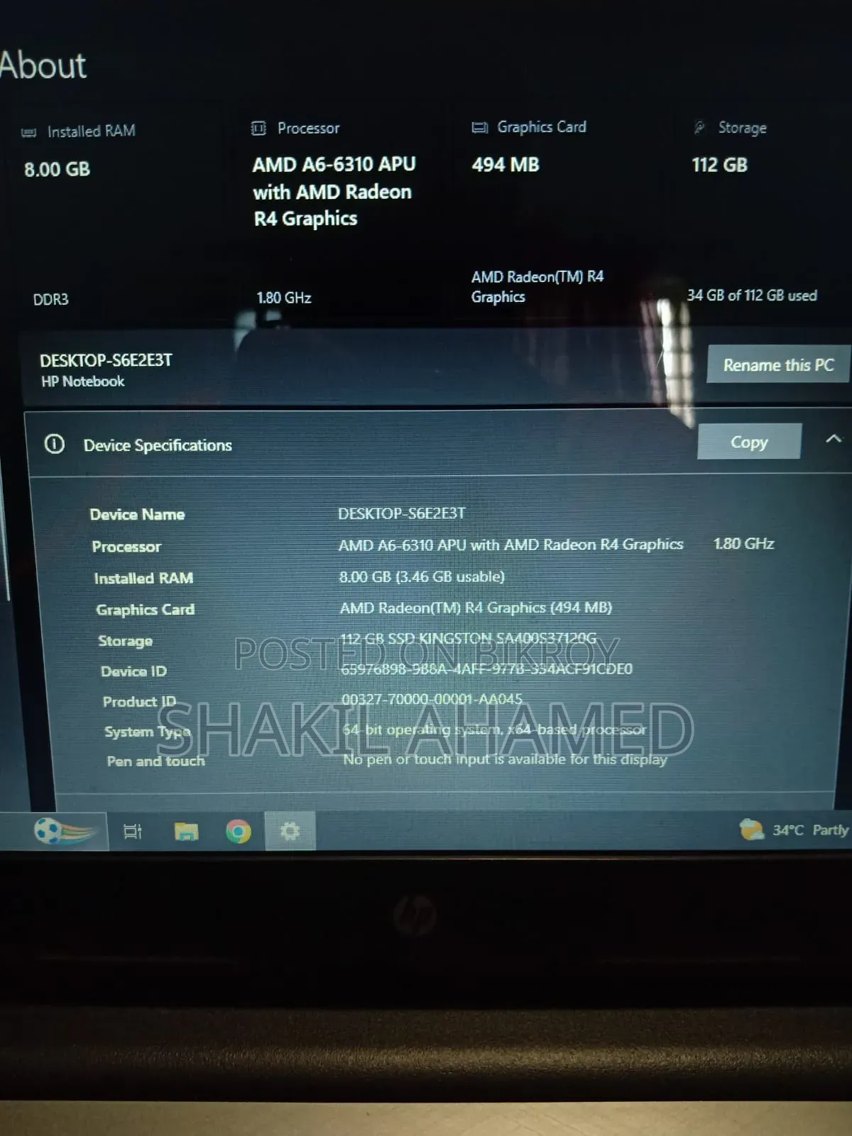 Laptop HP 8GB RAM 128GB HDD
