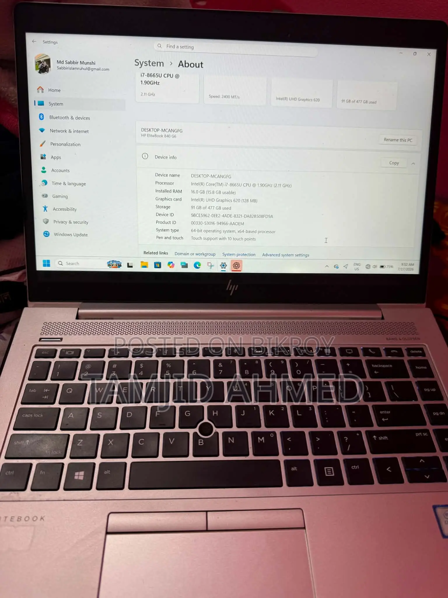 Laptop HP EliteBook 840 G6 16GB Intel Core i7 SSD 512GB