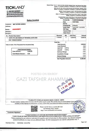 Purchased on July 15, 2026, Warranty: 3 Years. OCPC XTL-200 256GB 2.5" SATA