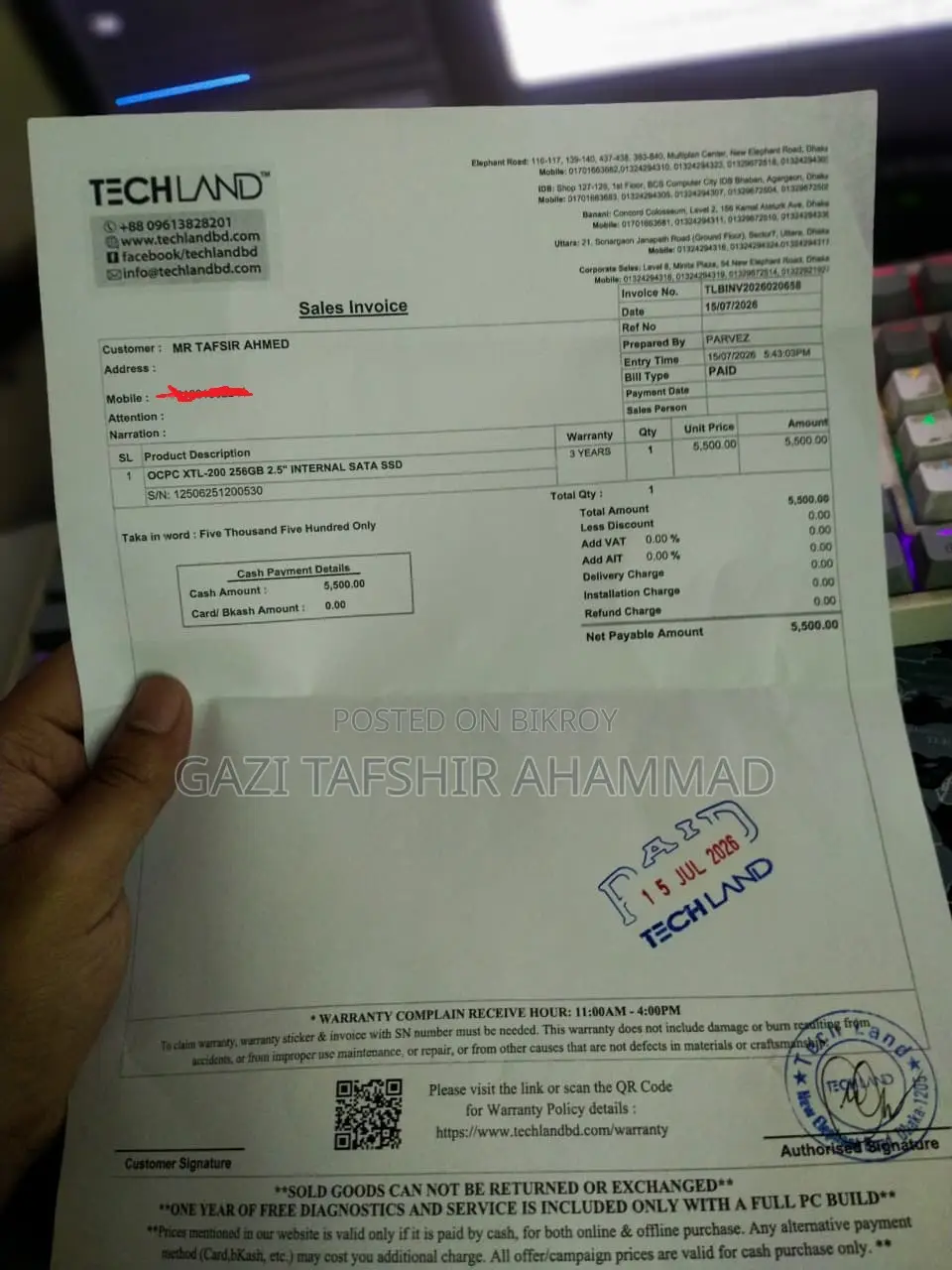 Purchased on July 15, 2026, Warranty: 3 Years. OCPC XTL-200 256GB 2.5" SATA
