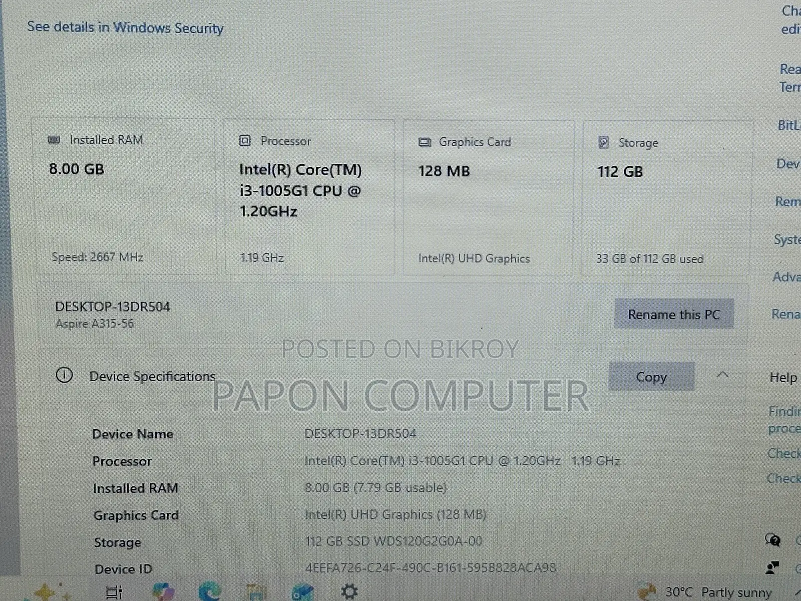 Laptop Acer Aspire A315 52 8GB Intel Core I3 SSD 128GB