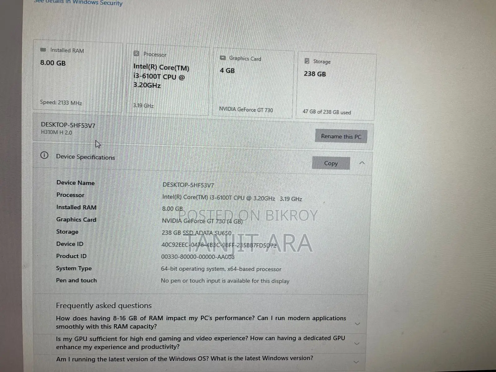 Desktop Computer 8GB Intel Core I3 HDD+SSD 256GB