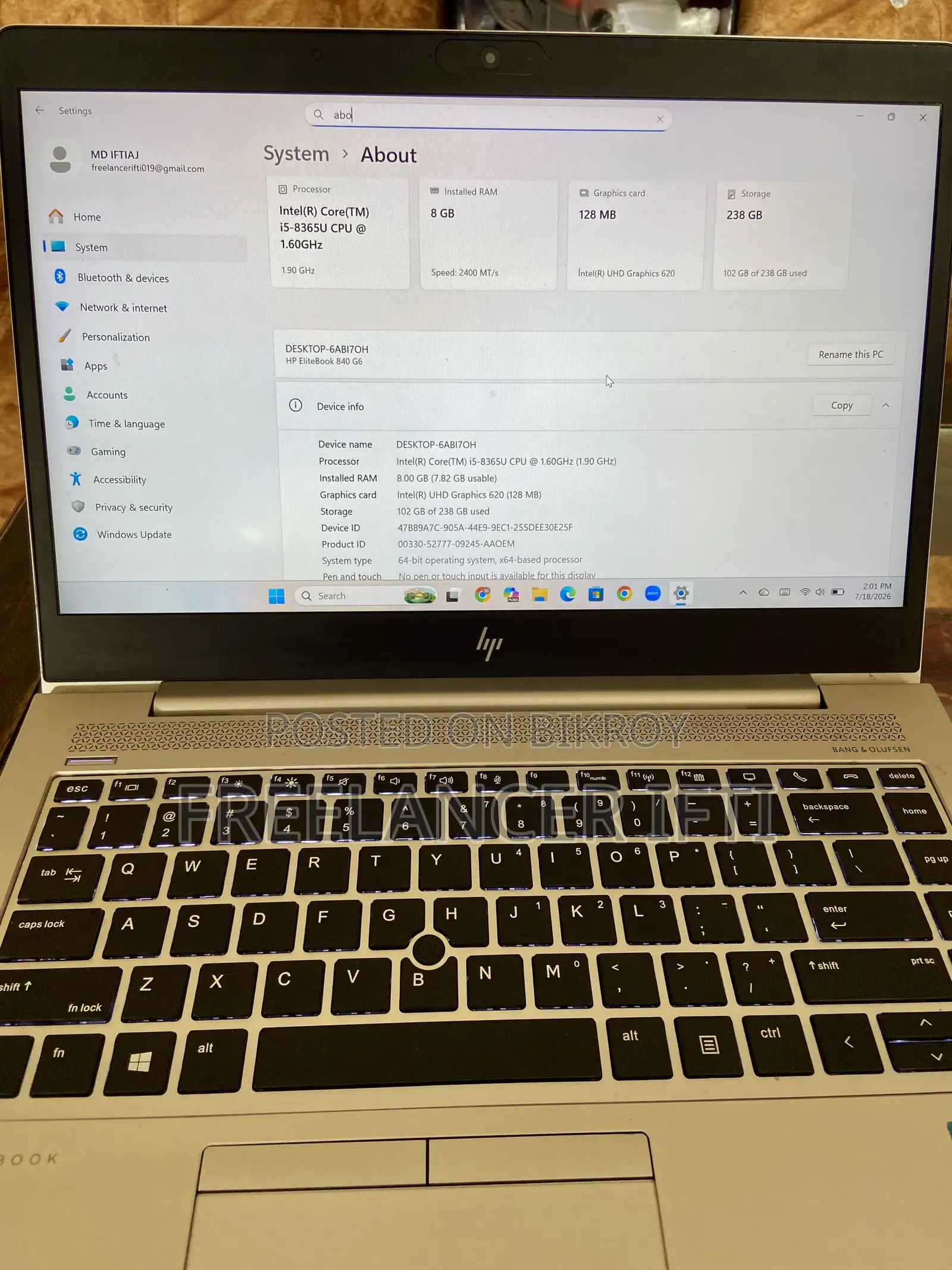 Laptop HP EliteBook 840 G6 8GB Intel Core I5 SSD 256GB