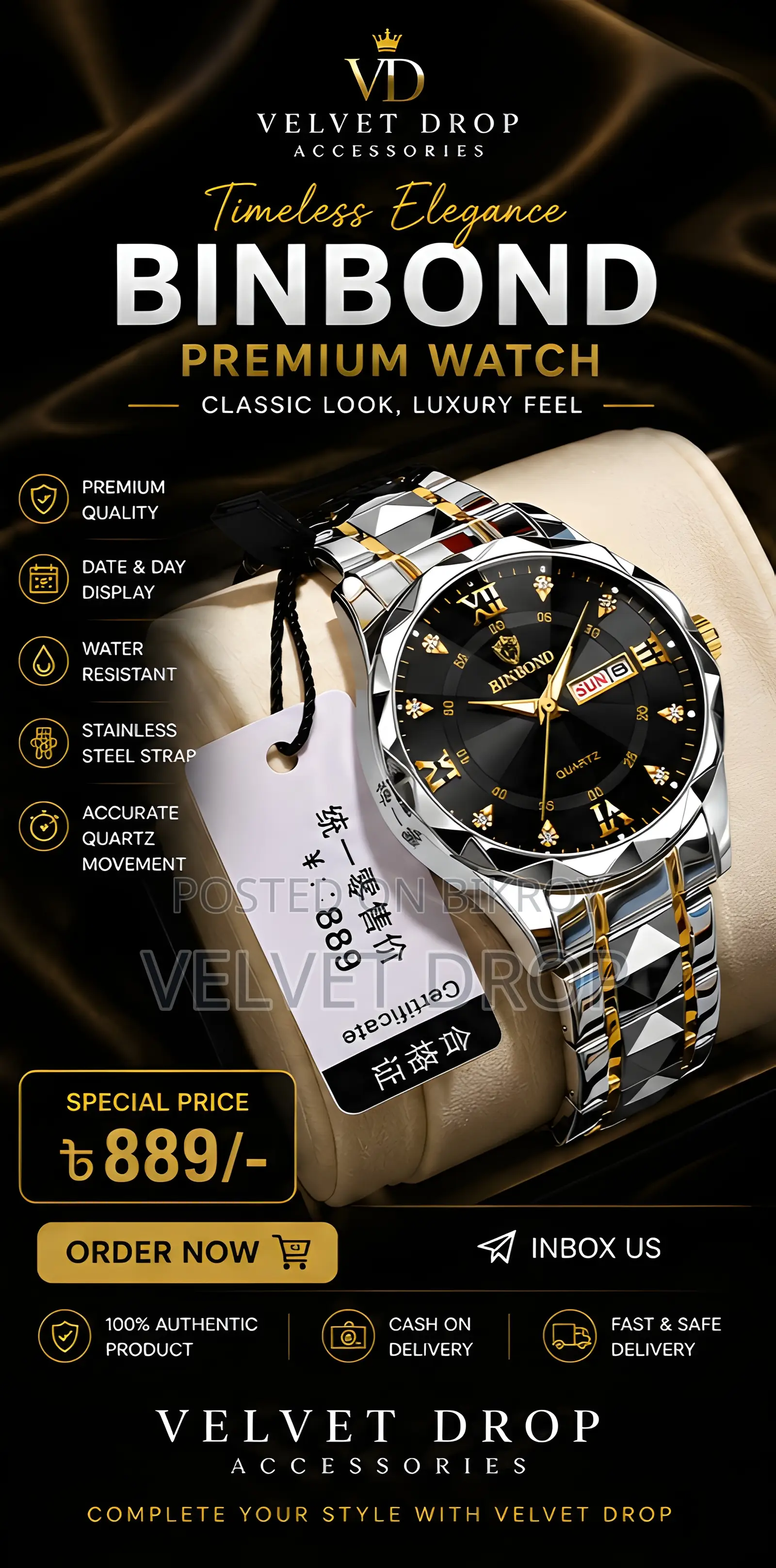 Binbond 2521 Men Luxury Fashion Stainless Steel Waterproof Quartz