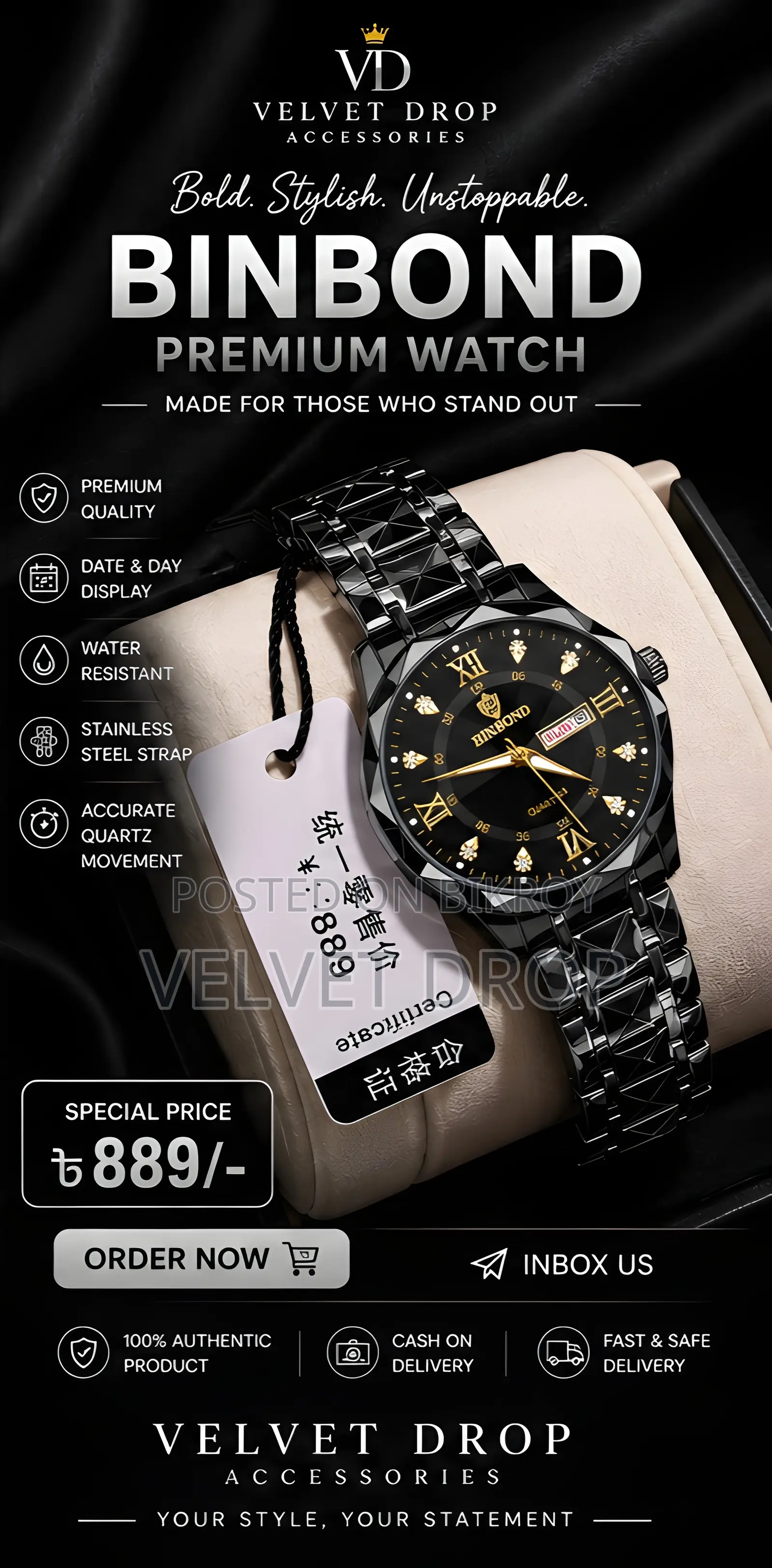 Binbond 2521 Men Luxury Fashion Stainless Steel Waterproof Quartz