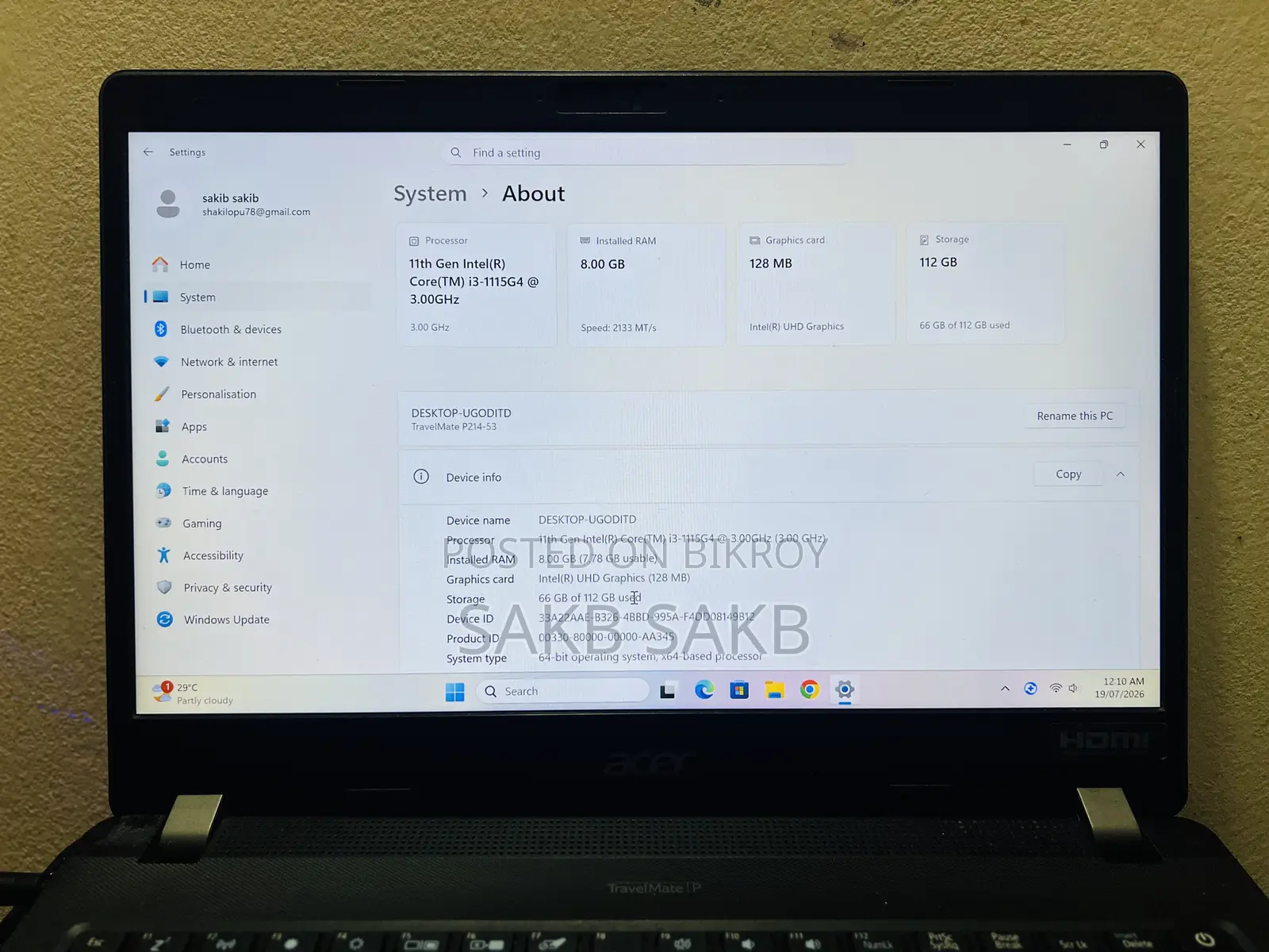 Laptop Acer 8GB Intel Core i3 HDD+SSD 128GB