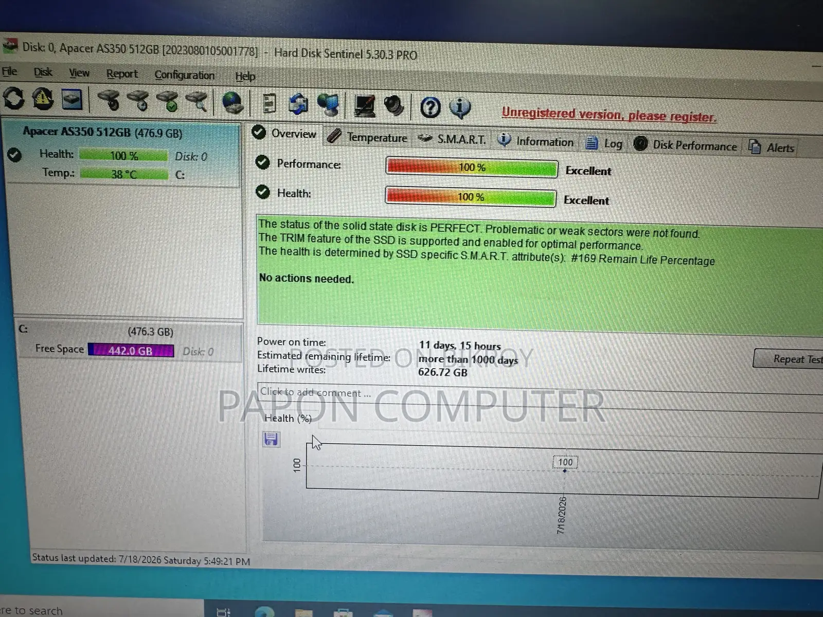 Apacer 512GB SATA SSD 100% Health