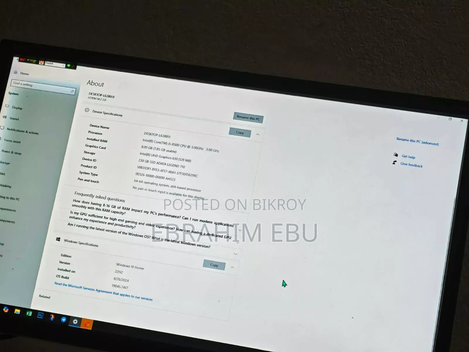 Desktop Computer 8GB Intel Core I5 SSD 256GB