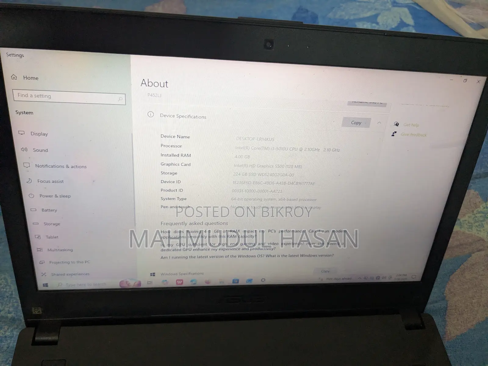 Laptop ASUS P2420LA 4GB Intel Core I3 SSHD+SSD 256GB