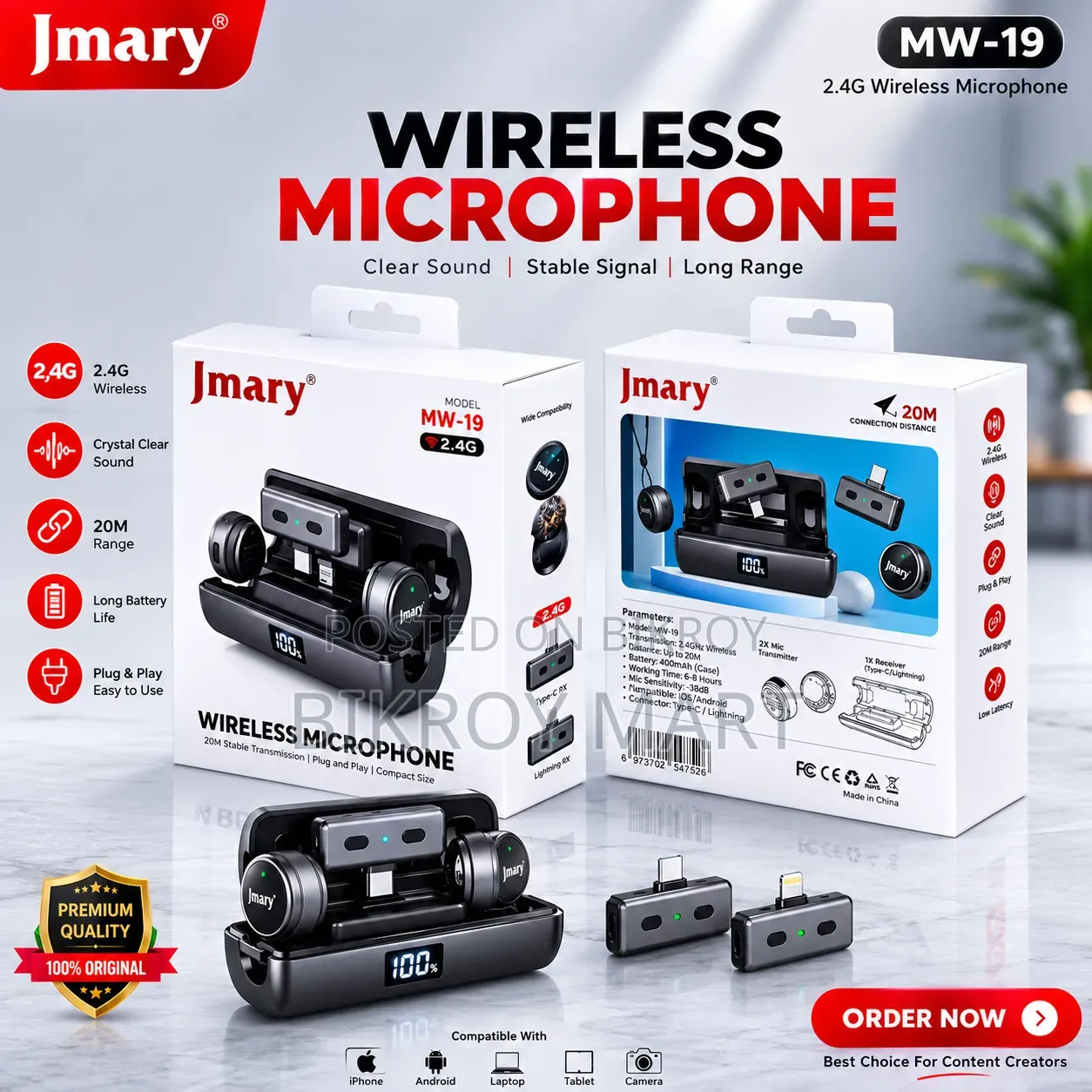 Jmary MW-19 নয়েজ ক্যানসেলেশন ডুয়াল ওয়্যারলেস মাইক্রোফোন