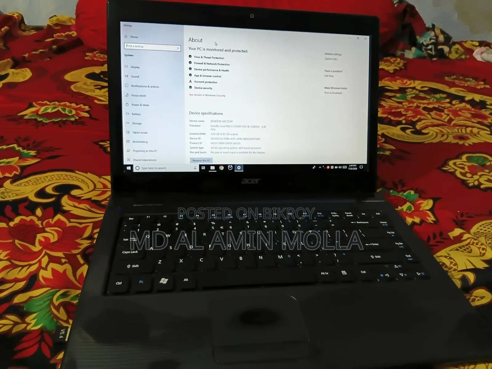 Laptop Acer Aspire 7000 4GB Intel Core I3 SSD 128GB
