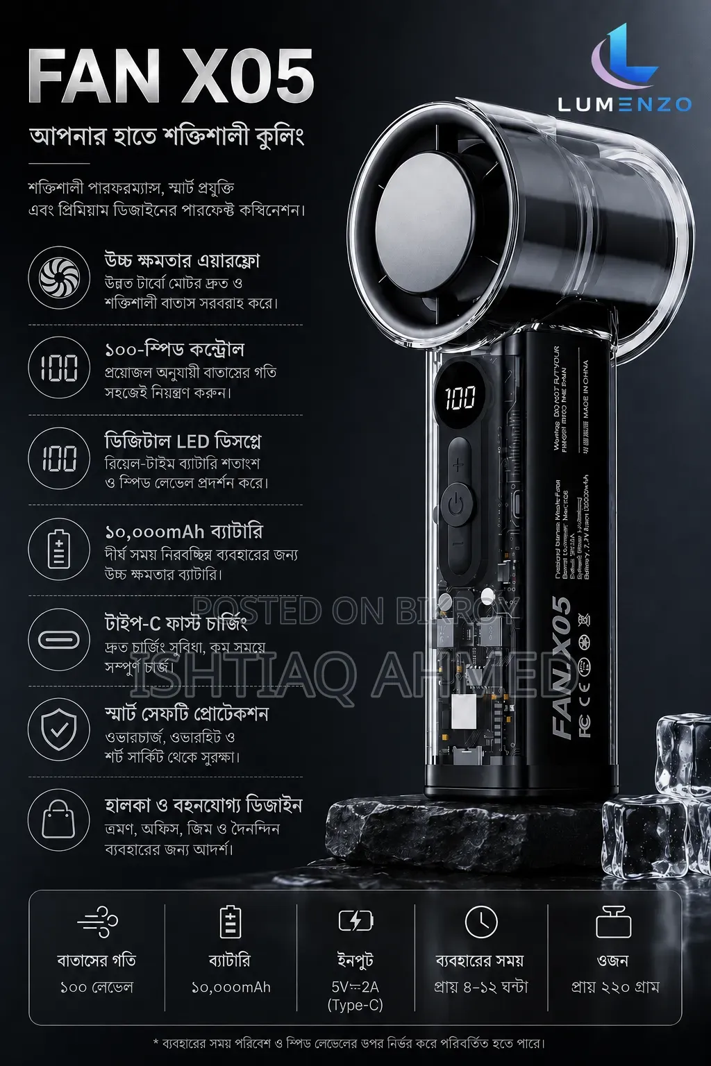 X05 IceCooling Handheld Fan With Digital Display, 100-Speed Adjustment