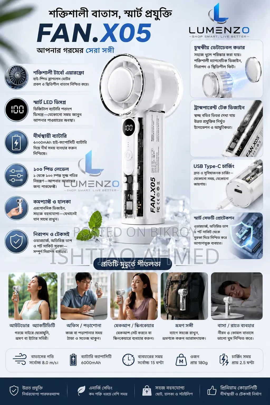 X05 IceCooling Handheld Fan With Digital Display, 100-Speed Adjustment