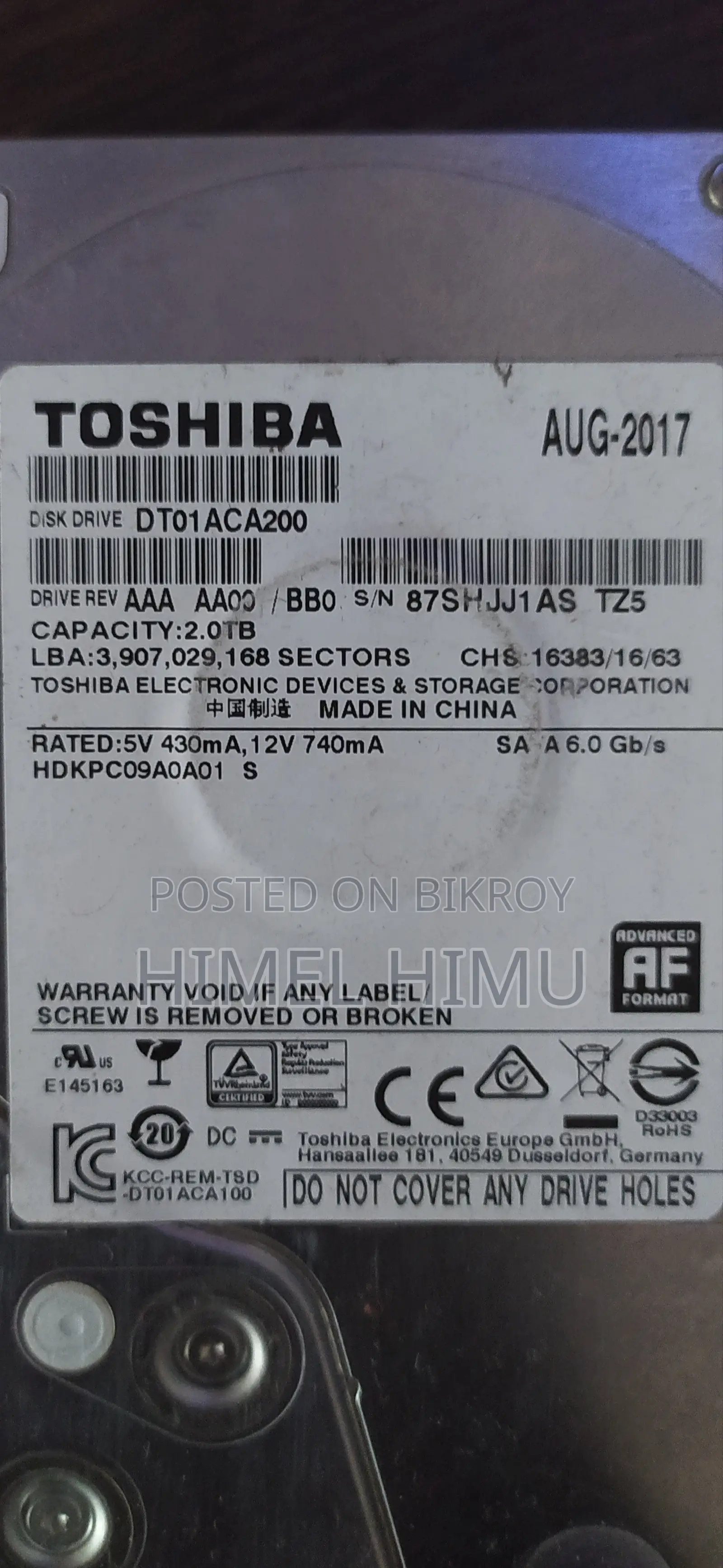 Toshiba 2 TB হার্ড ড্রাইভ ব্যবহৃত