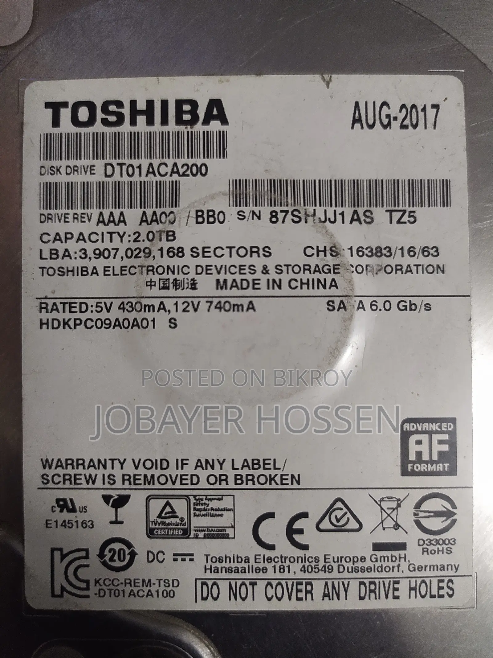 Toshiba 2TB Desktop Hard Drive Used