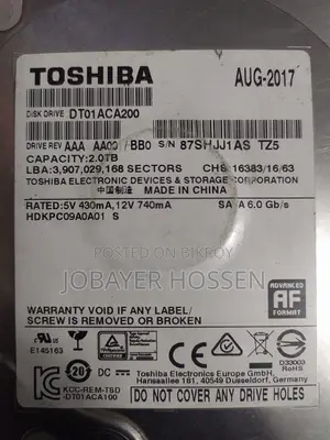 Toshiba 2TB Desktop Hard Drive Used