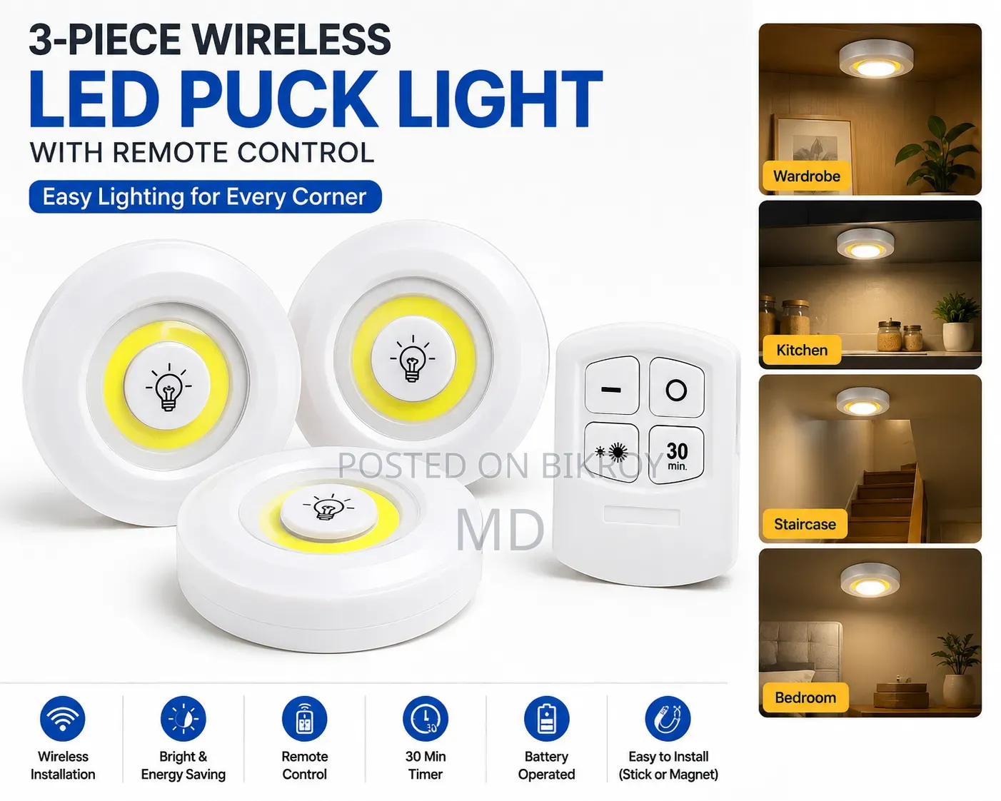 3-Piece Wireless LED Puck Light With Remote Control
