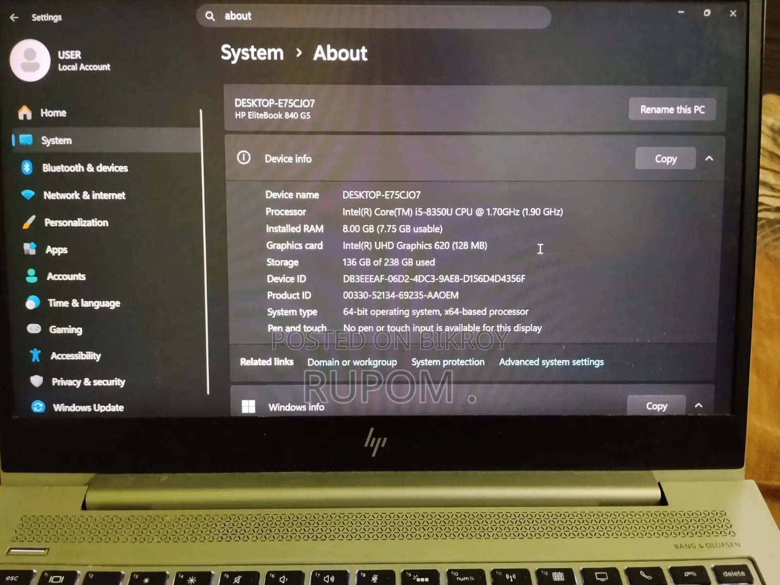 Laptop HP EliteBook 840 G5 8GB Intel Core i5 SSD 256GB