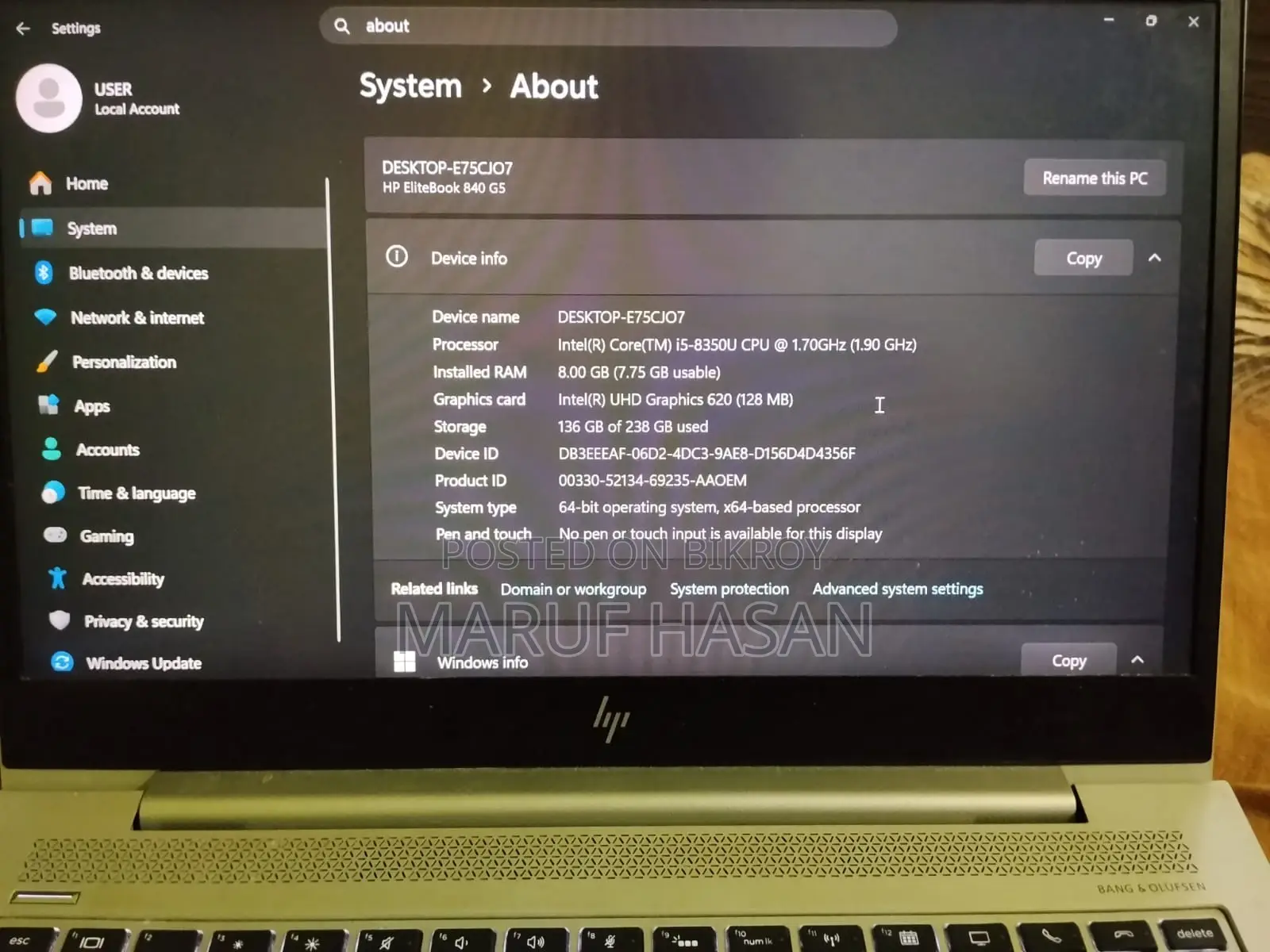 Laptop HP EliteBook 840 G5 8GB Intel Core i5 SSD 256GB