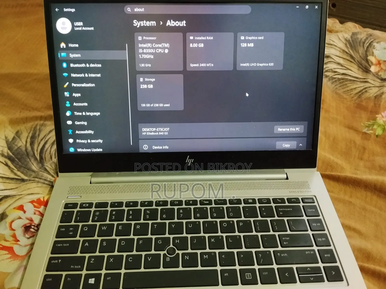 Laptop HP EliteBook 840 G5 8GB Intel Core i5 SSD 256GB