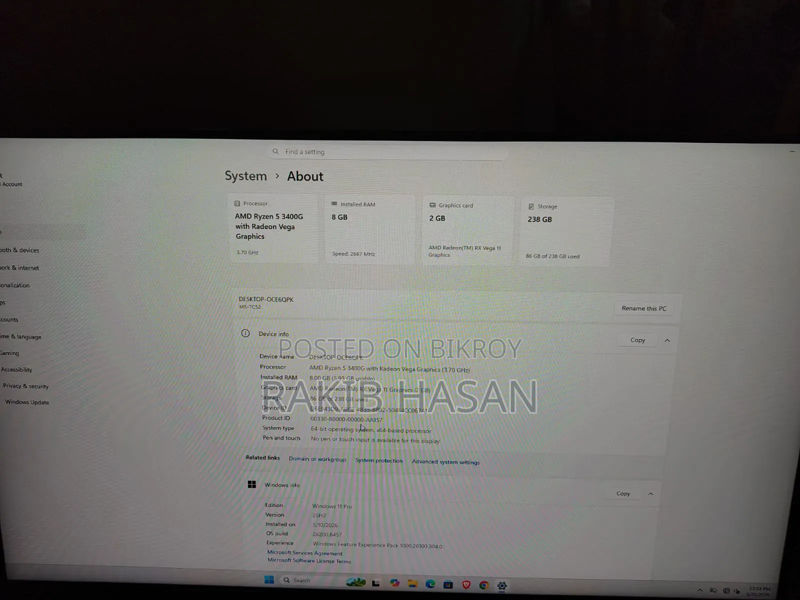 Desktop Computer Msi 8gb Amd Ryzen 5 SSD 256gb