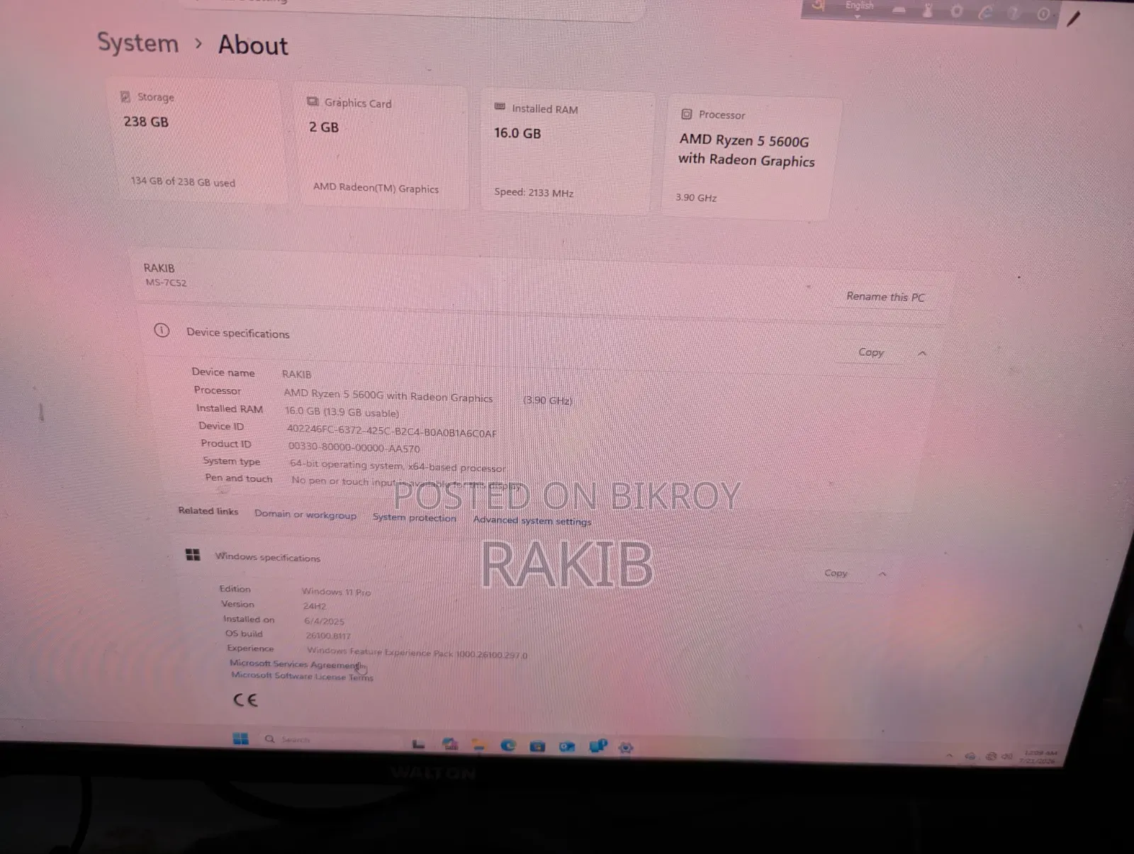 Desktop Computer MSI Model 16GB AMD Ryzen 5 SSD 256GB