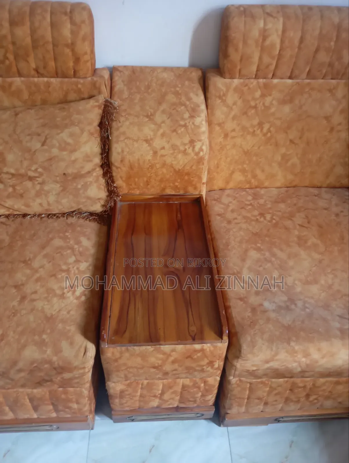 5-seater sofa, corner, and a tea table with tea stand for sale