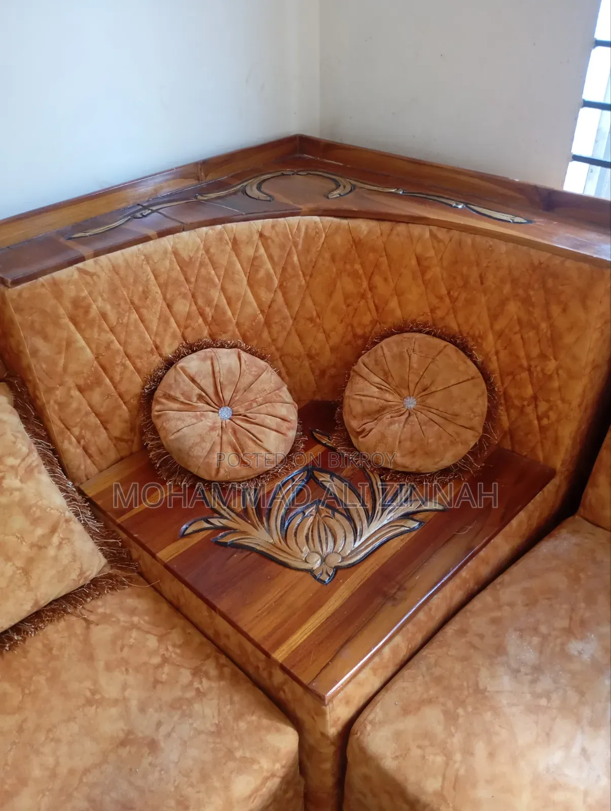 5-seater sofa, corner, and a tea table with tea stand for sale