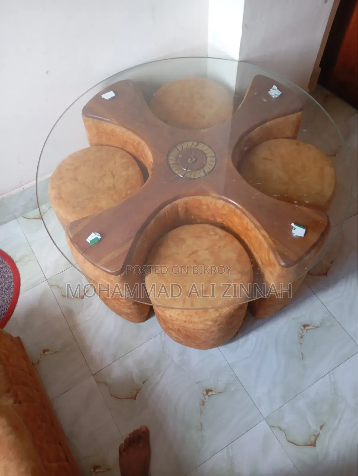 5-seater sofa, corner, and a tea table with tea stand for sale