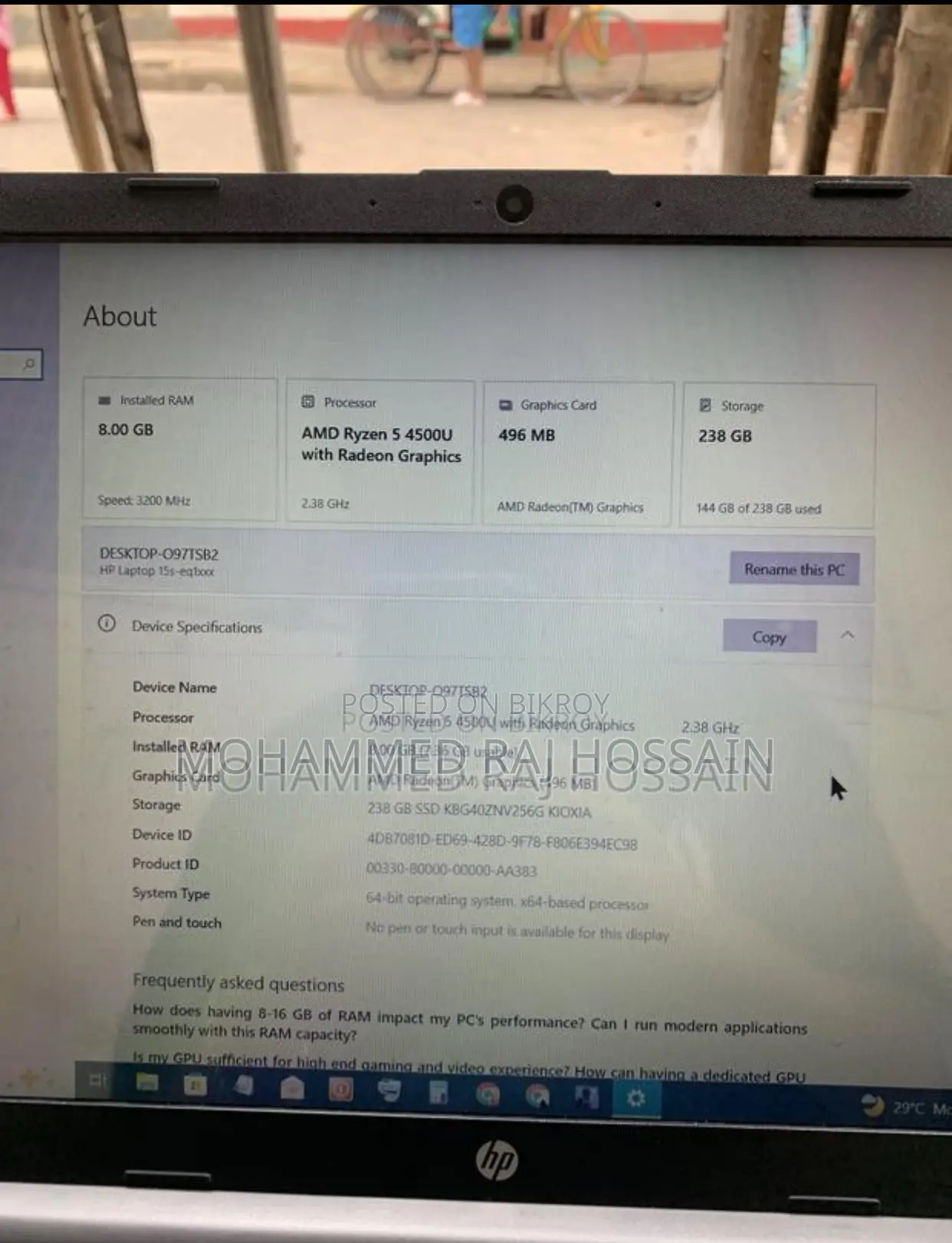 Laptop HP 15S 8GB AMD Ryzen 5 SSD 256GB