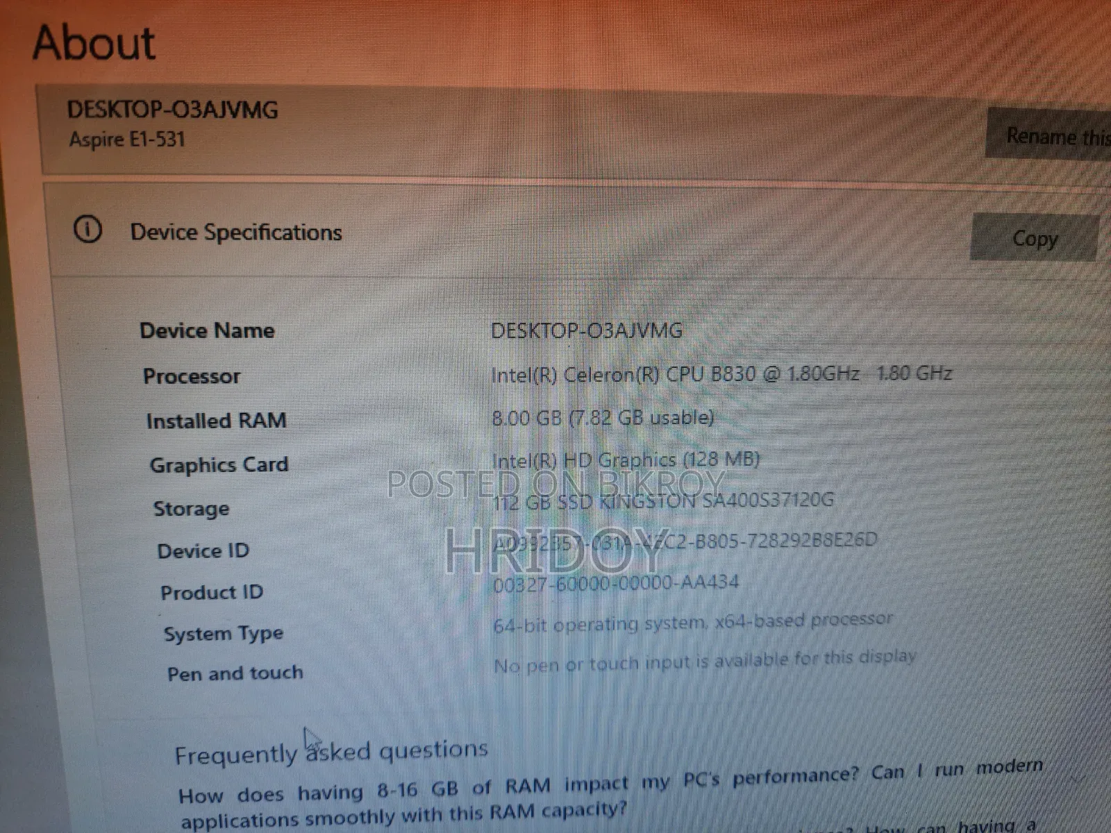 Laptop Acer Aspire E1-531 8GB Intel SSD 128GB