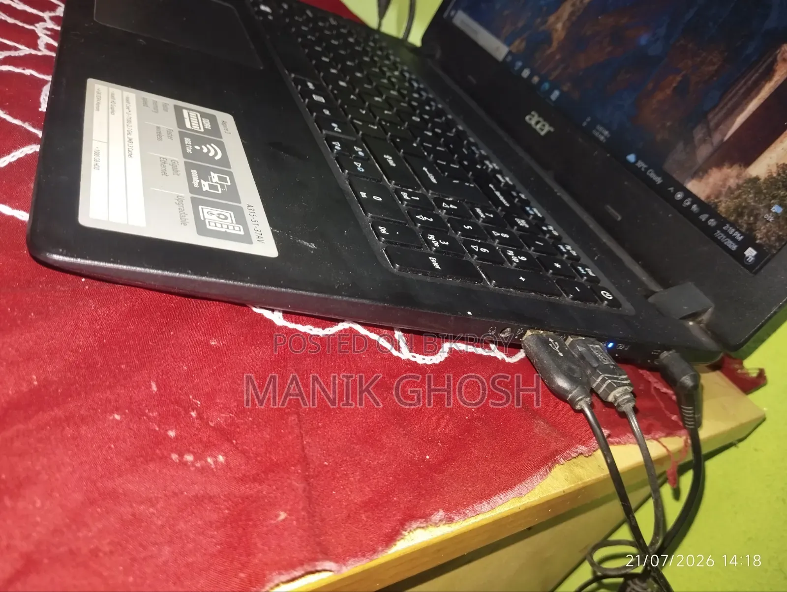 ল্যাপটপ এসার এসপায়ার এ৩১৫ ৫১ ৪জিবি ইন্টেল কোর আই৩ এসএসডি ১২৮জিবি