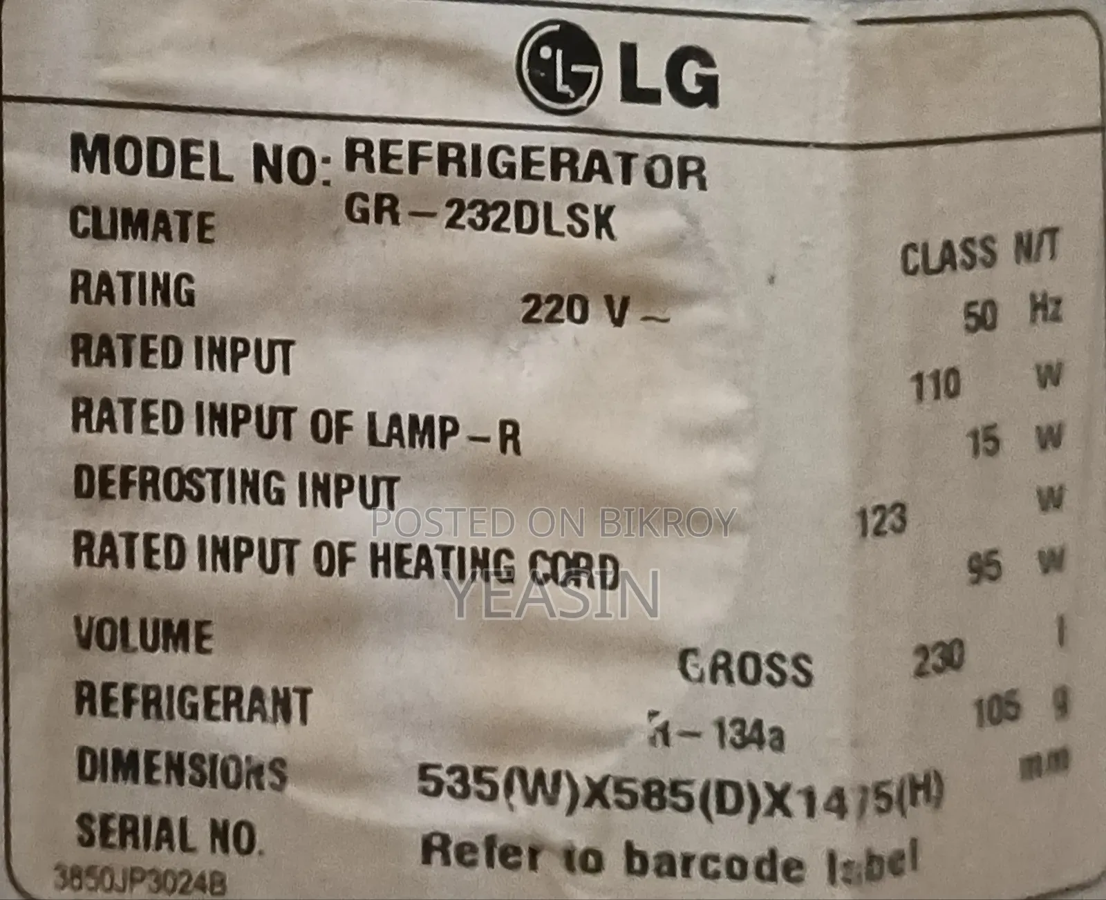 LG Model No Refrigerator GR-232DLSK (Non-Frost)