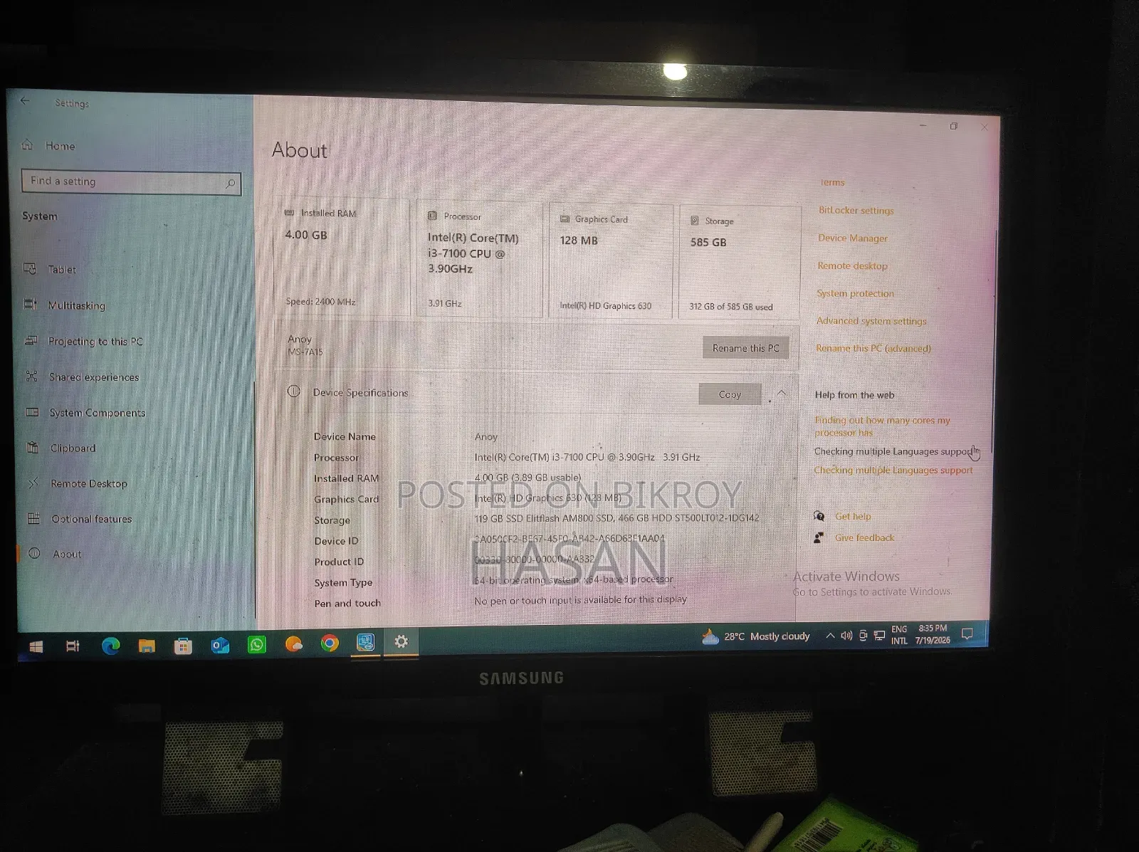 Desktop Computer Samsung 4GB Intel Core I3 HDD+SSD 128GB