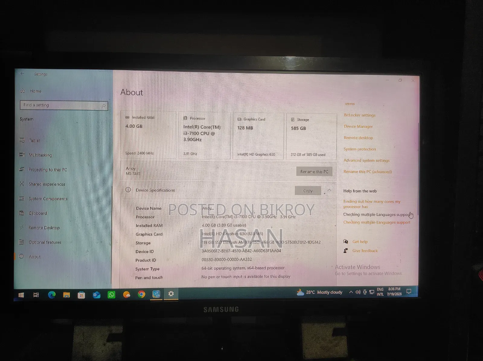 Desktop Computer Samsung 4GB Intel Core I3 HDD+SSD 128GB