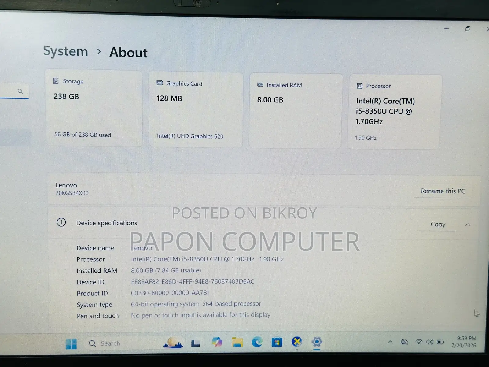 Laptop Lenovo ThinkPad X1 Carbon 8GB RAM Intel Core I5 256GB SSD