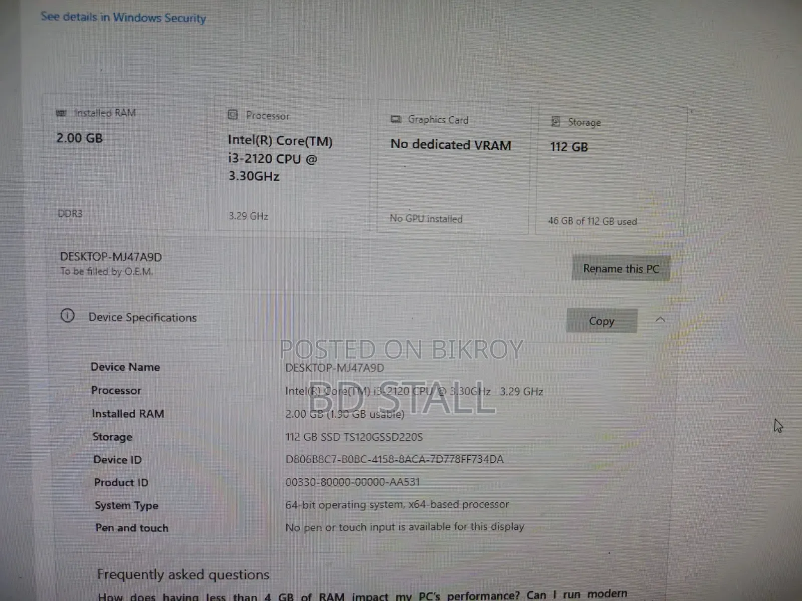 Desktop Computer Dell 4GB Intel Core I3 HDD 500GB