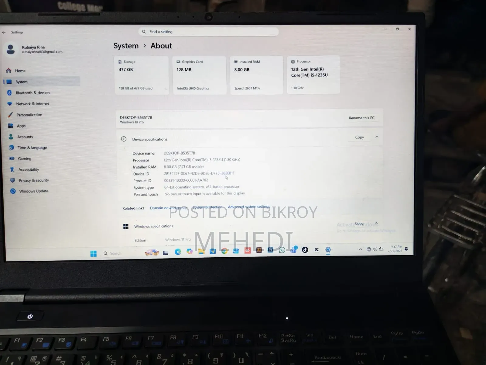 Laptop 8GB Intel Core i5 SSD 500GB