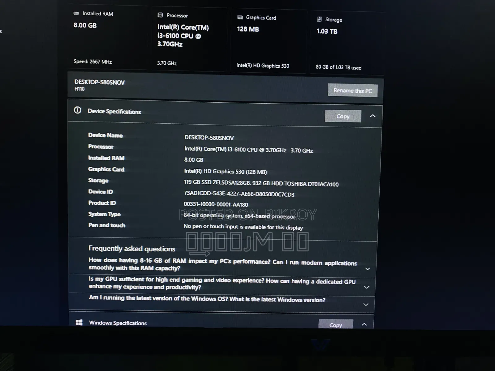 Desktop Computer 8GB Intel Core I3 SSD 1T