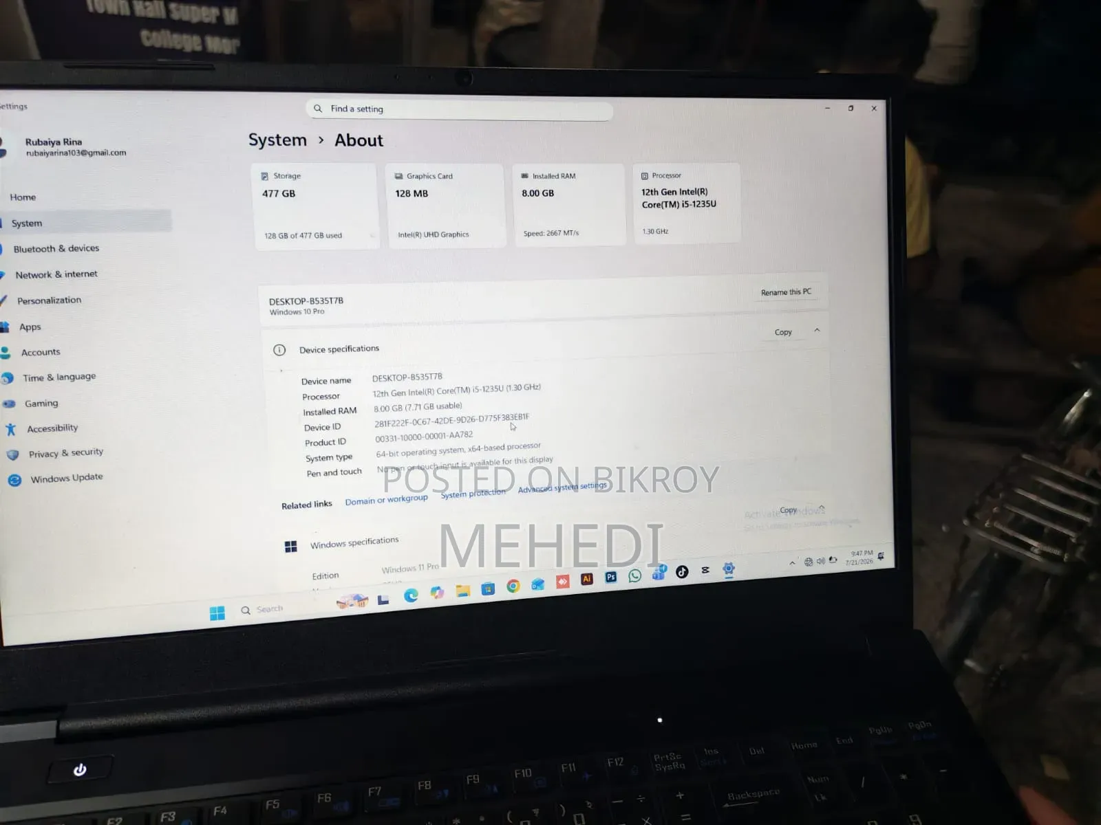 Laptop 8GB Intel Core i5 SSD 500GB