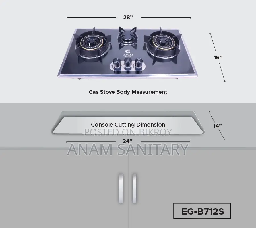 Gazi EG-B712S Triple Burner Stainless Steel Gas Stove LPG