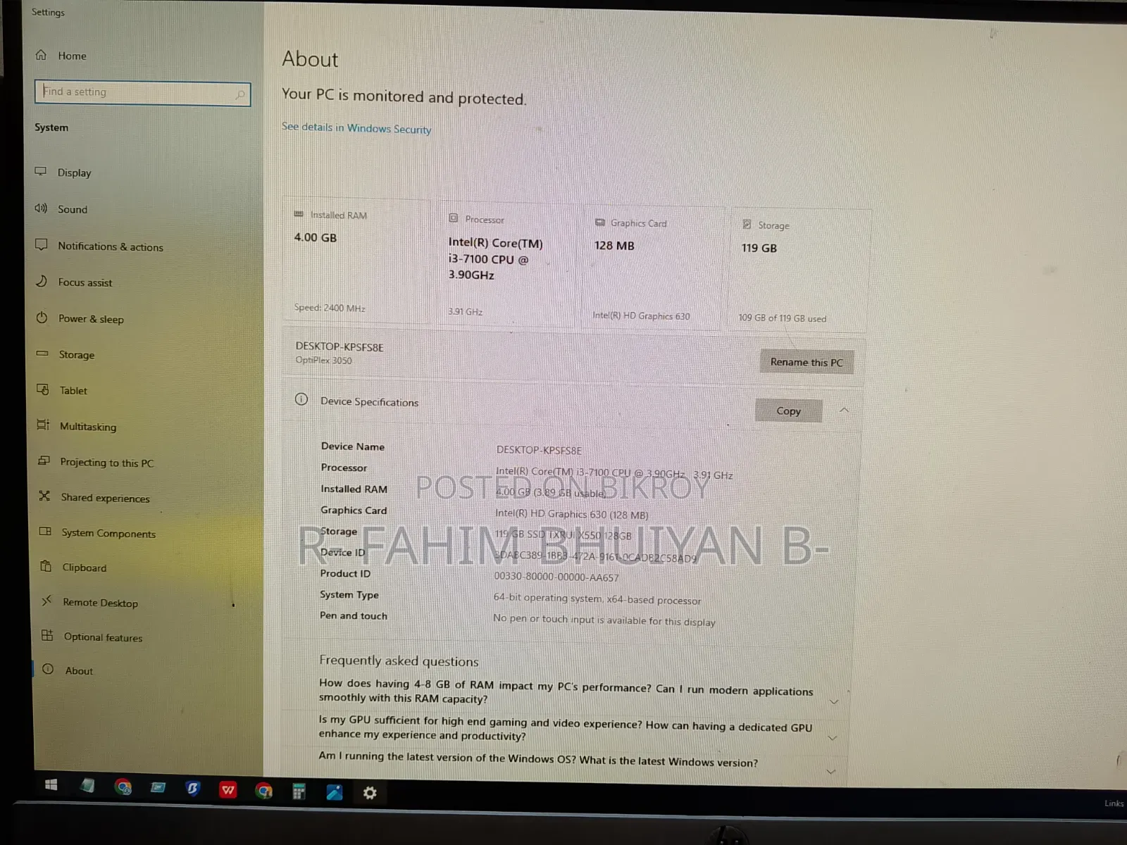 Desktop Computer Dell OptiPlex 3050 4GB Intel Core I3 SSD 128GB
